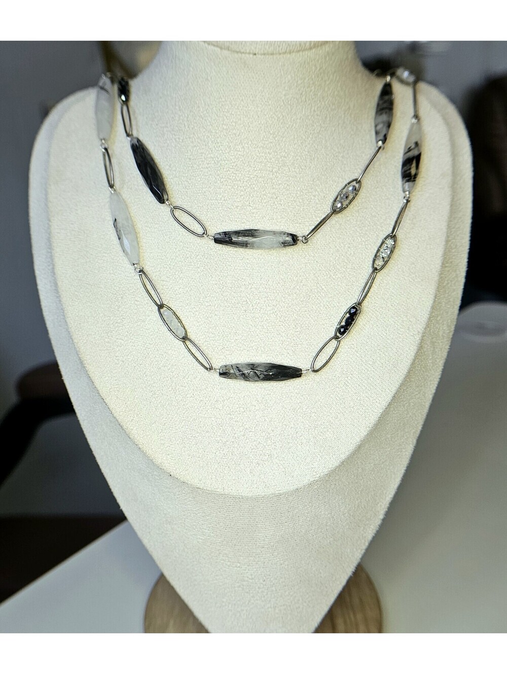 Chan Luu Genuine Black Rutilated Quartz & Crystal Necklace Silver Tone 43"
